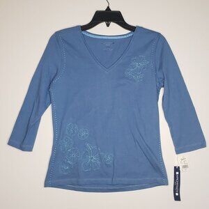 NWT Architect Blue Long Sleeve Blouse Shirt Women Petite S Floral Embroidered